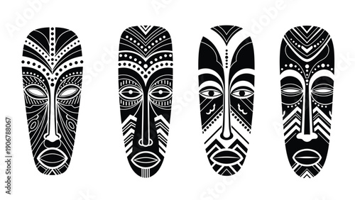 Set of four diverse african tribal masks are presented in a high contrast black and white graphic style on a plain background.