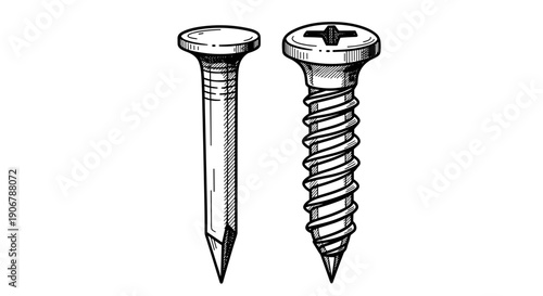 Nail and screw line art illustration in black and white