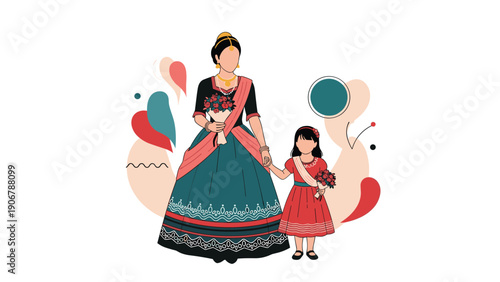 Woman and a young girl in elegant traditional indian dresses hold flower bouquets against a colorful abstract artistic background.