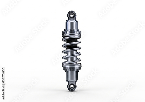 A shiny metal motorcycle shock absorber.