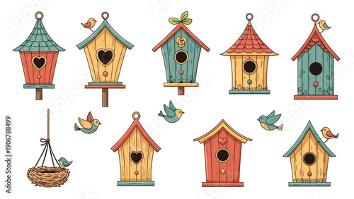 Large collection of colorful wooden birdhouses with hearts and birds are shown in various shapes for a nature and garden theme.