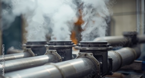 Functional heating technology shown by chimney flue pipes releasing steam in factory setting