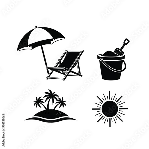 A serene beach scene with lounge chair, umbrella, bucket, and shovel icons surrounded by tropical elements and sun