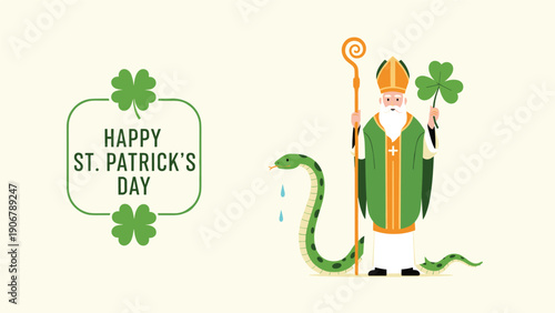 Saint patrick in green robes stands with a staff and a shamrock next to a large green snake for a happy st patricks day card.