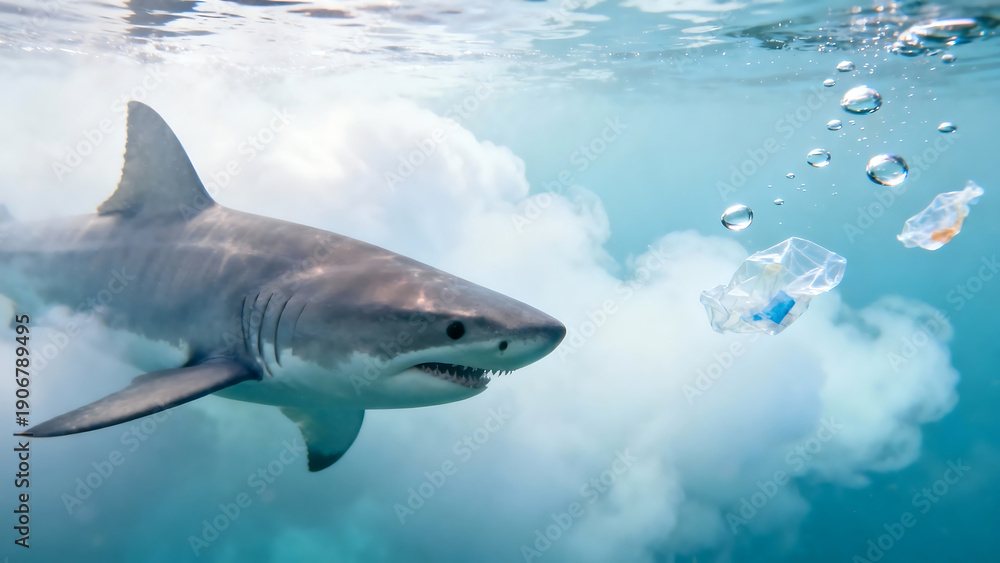 Obraz premium Great white shark swims near plastic pollution in ocean water
