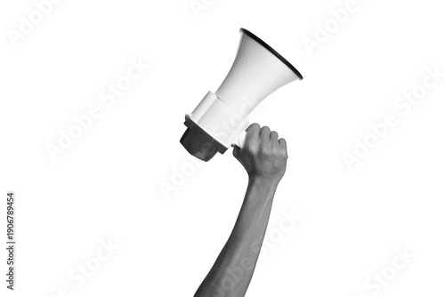 Retro halftone hand holding megaphone art collage on transparent background