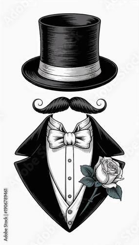 A minimalist and baroque ink-drawn vector illustration depicting the accessories of a 19th-century gentleman.
