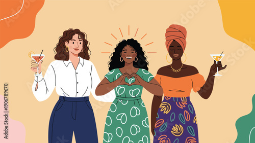 Three diverse and stylish women celebrating together with one making a heart gesture in a modern flat illustration.