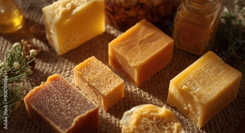Assorted sliced honey soap bars used in eco friendly handcrafted cosmetics