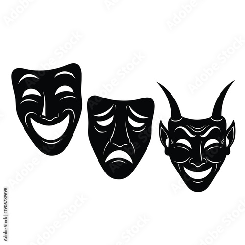 Theater masks representing different emotions and characters in a dramatic performance, viewed from the front.