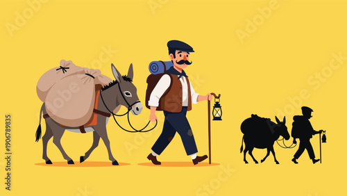 Traveling man leading a donkey laden with heavy sacks across a bright yellow landscape with its own silhouette.