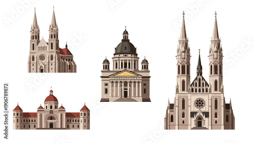 Set of detailed architectural illustrations depicting several famous European cathedrals and grand basilicas.