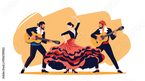 Passionate flamenco dancer performing with two male guitarists against a stylized warm orange background scene.