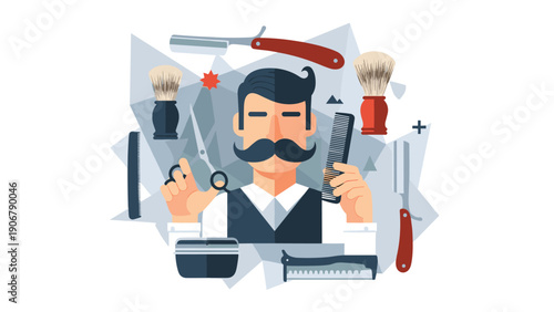 Professional barber character surrounded by a variety of classic hair styling tools like razors, brushes, and combs.