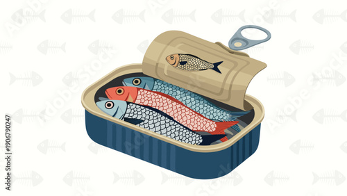 Open tin of canned sardines against a light gray background with a repeating pattern of white fish bone icons.