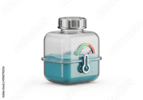 A transparent jar with blue liquid and a thermometer.