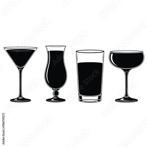 Various glasses filled with dark liquid are arranged in a row on a transparent background viewed from a straight-on perspective