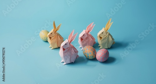 Wallpaper Mural Artistic Easter setup showing pastel origami bunnies and bright spotted eggs on a vivid blue surface Torontodigital.ca
