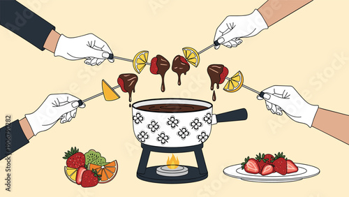 Several hands wearing white gloves dipping fresh strawberries into a decorative ceramic chocolate fondue pot.