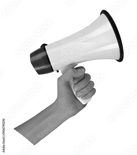 Retro halftone hand holding megaphone art collage on transparent background