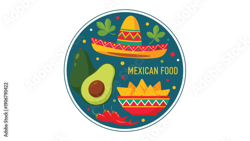 Circular emblem for Mexican food featuring a colorful sombrero, fresh avocado, nachos, and spicy chili peppers.
