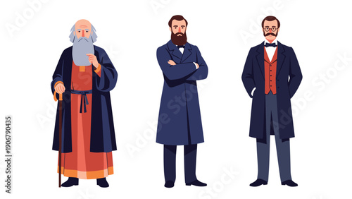 Illustration of three men in various nineteenth century fashions including a long bearded elder with a cane.