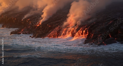 Lava entering ocean with slender streams producing steam plumes