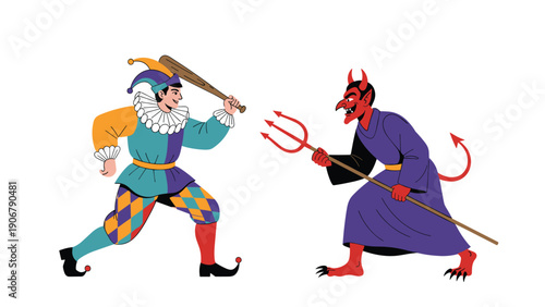 Dynamic scene showing a colorful medieval court jester fighting a scary red devil holding a sharp pitchfork.
