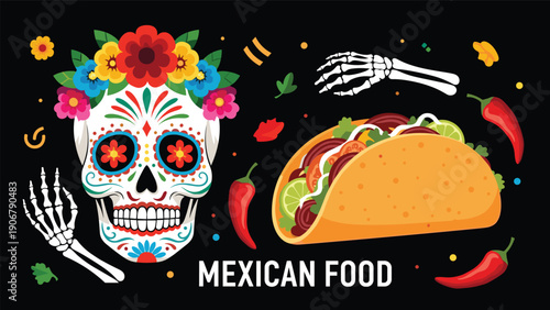 Day of the Dead sugar skull and a loaded taco centerpiece with red chili peppers for authentic Mexican cuisine.