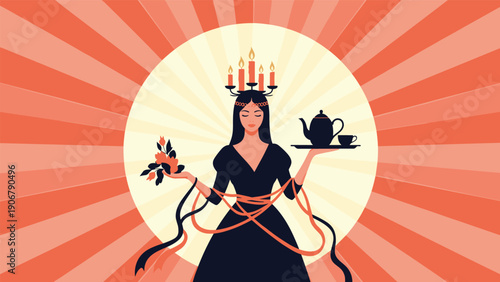 Mystical woman wearing a crown of burning candles and holding a tea tray against a radiant sunburst background.