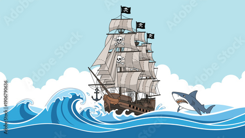 Classic pirate ship with skull flags navigating through high ocean waves with a hungry shark following nearby.
