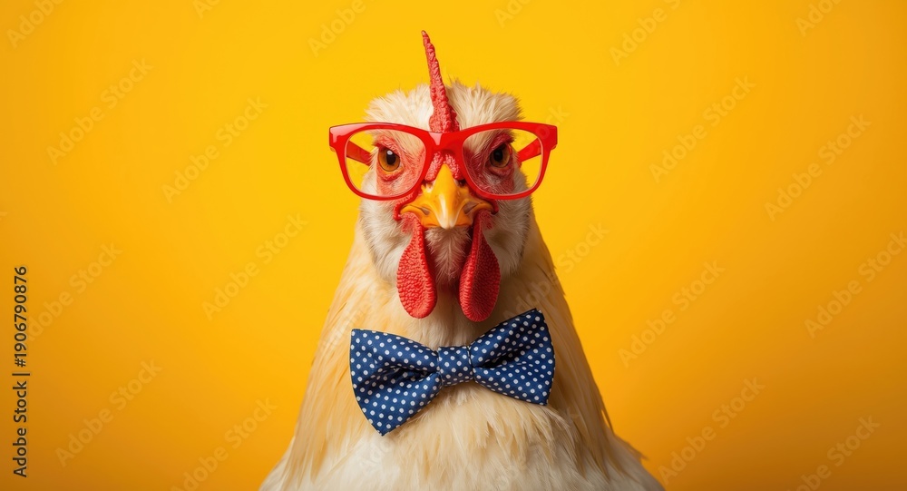 custom made wallpaper toronto digitalJovial chicken wearing red glasses paired with a dotted bow tie on a vibrant yellow backdrop
