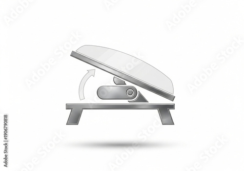 A gray and white illustration of a robotic device with a curved glass top.