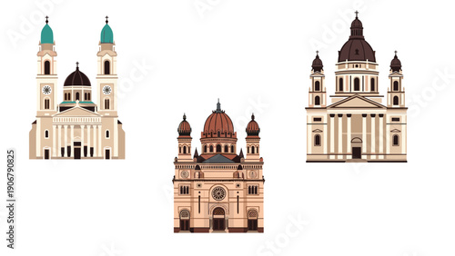 Set of three detailed illustrations showing various European cathedrals and church buildings with impressive domes and towers.