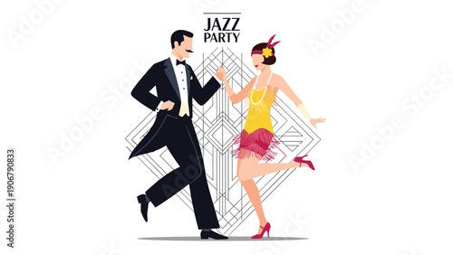 Sophisticated couple in nineteen twenties attire dancing energetically at a jazz party with a geometric art deco background.