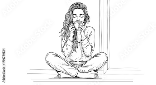 Woman sitting cross-legged by window drinking hot coffee line art illustration