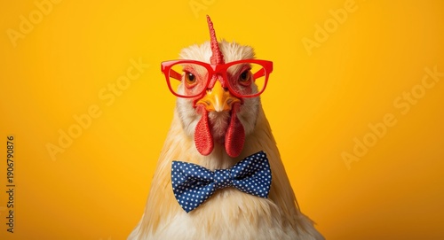 Jovial chicken wearing red glasses paired with a dotted bow tie on a vibrant yellow backdrop