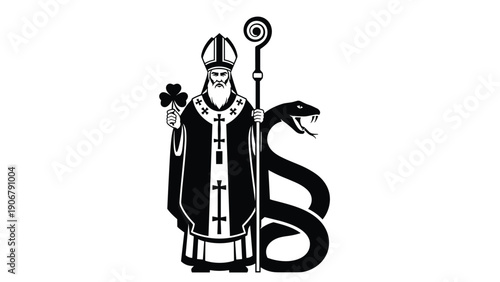 Black and white graphic icon representing Saint Patrick holding a shamrock and a staff beside a large coiled snake symbol.