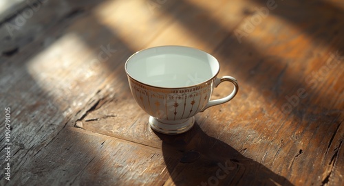 Classic porcelain cup lying on aged wood panel with soft reflective highlights