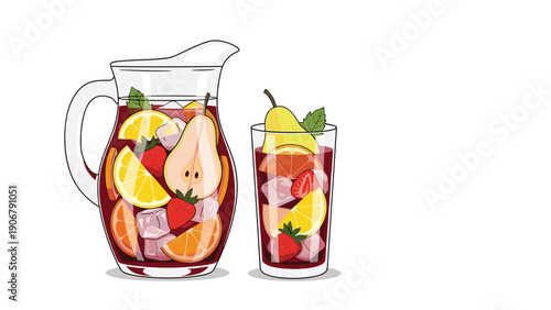 Refreshing pitcher and a glass of red fruit sangria filled with ice cubes pears strawberries and citrus slices on white.
