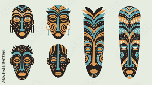 Variety of six traditional African masks with intricate geometric patterns and earthy colors arranged on a plain light background.