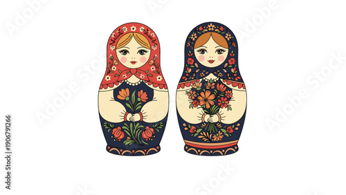 Pair of traditional Russian nesting dolls painted with delicate floral designs and wearing colorful headscarves on white.