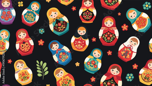 Seamless repeated pattern of colorful Russian matryoshka dolls on a black background decorated with small flowers and leaves.