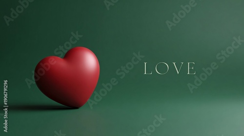 minimal red heart on deep green background with generous copy space expressing timeless love emotion for romantic branding, valentine marketing visuals, calm elegant concept