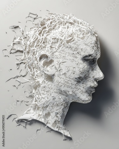 Mental Health Mind Identity Psychology Thought Abstract. Abstract paper sculpture of a human head representing mental health, psychology, identity, thoughts, and inner complexity.