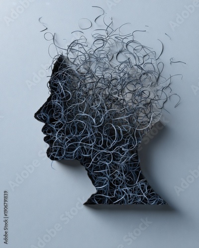 Mental Disorder Anxiety Stress Mind Confusion Psychology. Abstract dark silhouette of a human head made of tangled lines, symbolizing anxiety, stress, mental disorder, confusion, and psychological