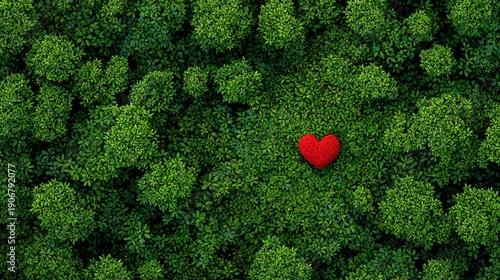red heart accent on dense green foliage pattern with rich natural texture and wide copy space, romantic spring valentine concept symbolizing love, harmony, sustainability and calm organic design