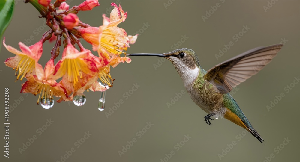 Naklejka premium Content hummingbird in flight feeding on raindrops near vibrant terrestrial blossoms