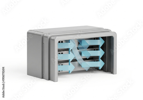 A 3D rendering of a gray server with blue circuit boards.