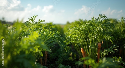 Green leafy tops and ripe carrots in an eco friendly farm field